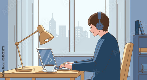 Illustration of a man wearing headphones working on a laptop at a desk with a lamp in a room with a city view.