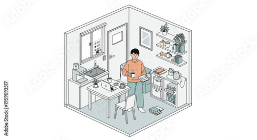 Isometric illustration of a man working at a desk in a cluttered home office with various household items and furniture.