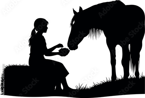 Silhouette of Girl Feeding Horse on Hay Bale in Rural Countryside Scene Vector Illustration