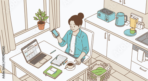 Overhead view of a woman sitting at a kitchen table with a laptop, books, and coffee while using her smartphone in a modern kitchen with white cabinets and warm beige tones.