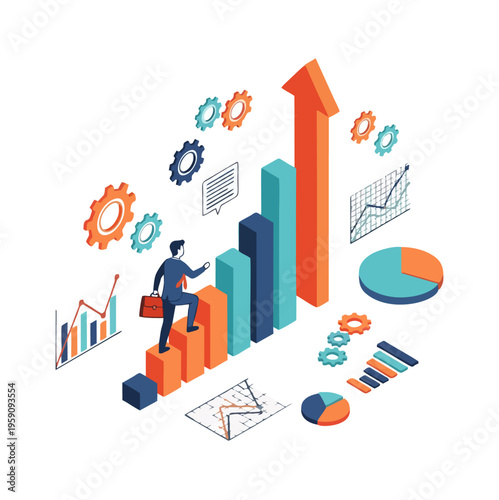 Wallpaper Mural Businessman climbing growth bar chart with arrow, isometric illustration. Torontodigital.ca