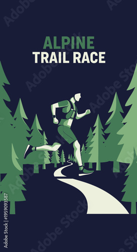Energetic Athlete Conquering Alpine Terrain During Trail Race Amidst Majestic Pine Trees
