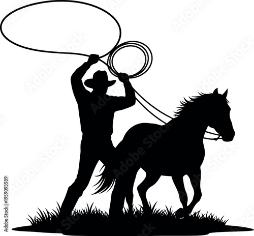 Silhouette of Cowboy with Lasso and Horse on Grassland for Western Rodeo Design