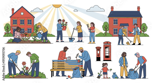 Illustration of diverse people engaging in various community service activities outdoors in a sunny neighborhood with houses and green spaces.