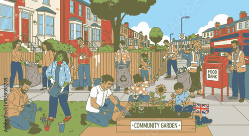 Illustration of diverse people gardening and socializing in a vibrant community garden with a sign, surrounded by residential houses and a street, with a sunny and lively atmosphere.