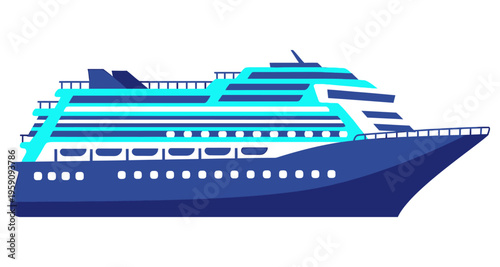 Blue Cruise Ship Sailing on Water Modern Passenger Vessel Nautical Travel Clean Vector Illustration