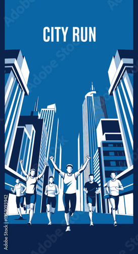 Energetic City Run: Urban Marathon Scene Featuring Runners in Front of Skyscrapers