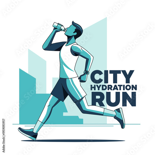 Energetic City Runner Hydrating: Vector Illustration of a Marathon Participant Taking a Water Break