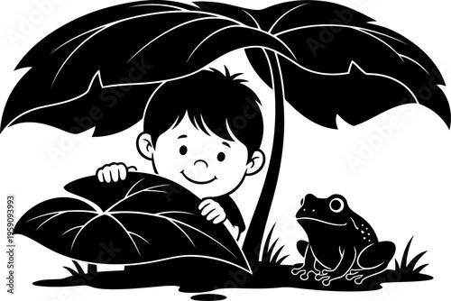 Cute boy hiding under large leaves with frog, black and white vector illustration for children’s books and nature themes