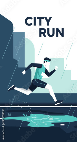 Energetic City Runner Navigating Rainy Streets, Modern Illustration For Sports and Urban Themes