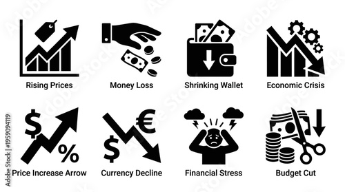 Economic Crisis and Financial Decline Icon Set Vector – Black-and-White Illustrations of Inflation, Money Loss, Wallet Decline, Housing Crash, Currency Fluctuation, Dollar Depreciation, Budget Cuts