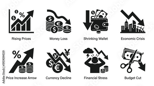 Economic Crisis and Financial Decline Icon Set Vector – Black-and-White Illustrations of Inflation, Money Loss, Wallet Decline, Housing Crash, Currency Fluctuation, Dollar Depreciation, Budget Cuts