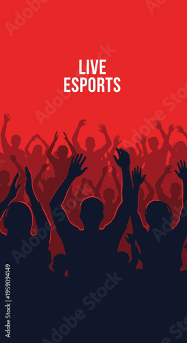 Energetic Crowd Celebrating Live Esports Event With Raised Arms Against Red Backdrop