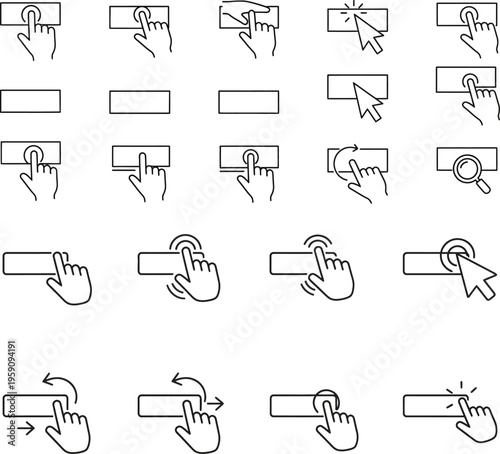 A collection of various linear icons showing hand gestures and computer mouse cursor interactions