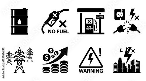 Energy Crisis and Fuel Shortage Icon Set Vector – Black-and-White Illustrations of Oil Barrel, Fuel Shortage, Gas Station Empty, Electricity Outage, Power Grid, Rising Prices, Blackout City