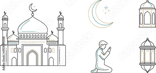 Islamic religion line icons set with mosque crescent prayer lantern and spiritual symbols for Ramadan design and cultural concepts