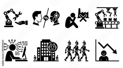 AI Job Displacement Icon Set Vector – Black-and-White Illustrations of Robot Replacing Worker, Human vs AI, Job Loss, Automation Takeover, Digital Worker, Robotic Workforce, Unemployment