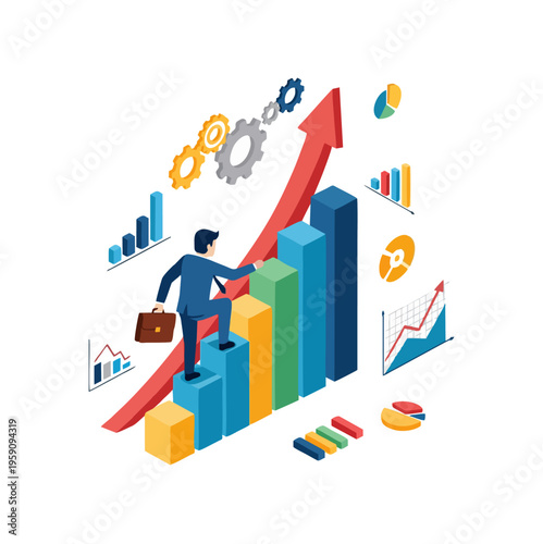 Wallpaper Mural Businessman climbing growth bar chart with upward arrow and gears. Torontodigital.ca