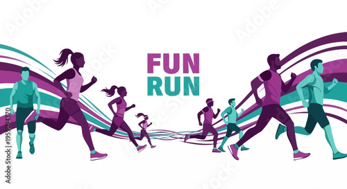 Energetic Fun Run Illustration Featuring Diverse Individuals Running with Modern Artistic Graphics