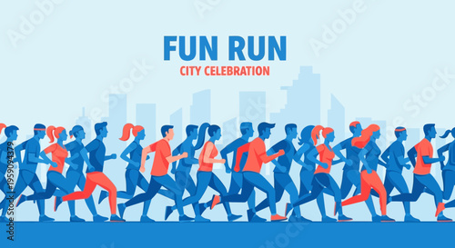 Energetic Fun Run City Celebration Illustration Crowd Running