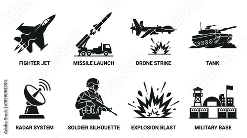 Military Operations Icon Set Vector – Black Silhouette Illustrations of Fighter Jet, Missile Launcher, Drone Bombing, Tank, Radar Tower, Soldier, Explosion, Fortress Base