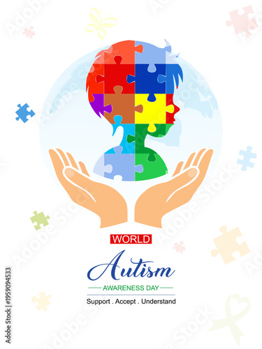 Poster concept World Autism Awareness Day with silhouette and hand illustration. Banner or background vector design template.