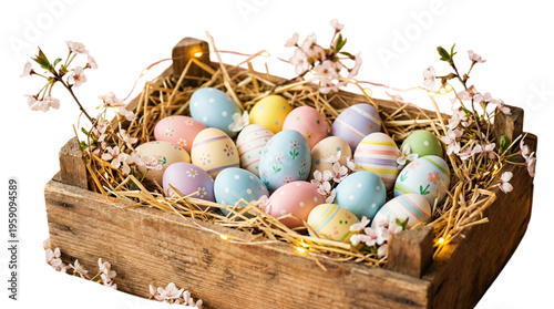 Festive Easter Eggs in Rustic Wooden Basket with Spring Blossoms for Holiday Marketing and Decor
