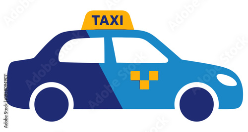 Blue Taxi Cab Vehicle with Yellow Sign on Roof and Checkerboard Detail City Transport