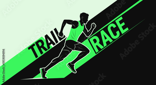 Energetic Runner Silhouetted on Trail Race Design, Green and Black Background Composition