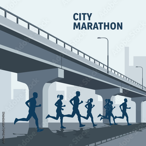Energetic Runners Embark On A City Marathon Underneath A Modern Architectural Bridge