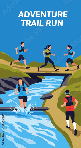 Energetic Runners Embark on Adventure Trail Run, Navigating Landscapes, Reaching Goals