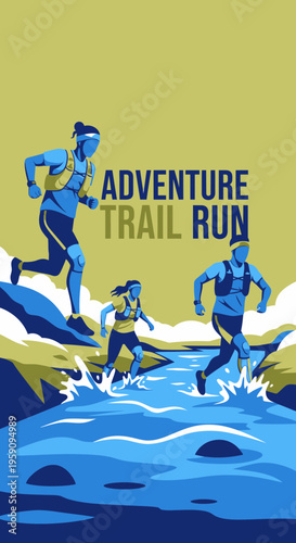 Energetic Runners Embark On An Adventure Trail Run Through a Refreshing Water Crossing