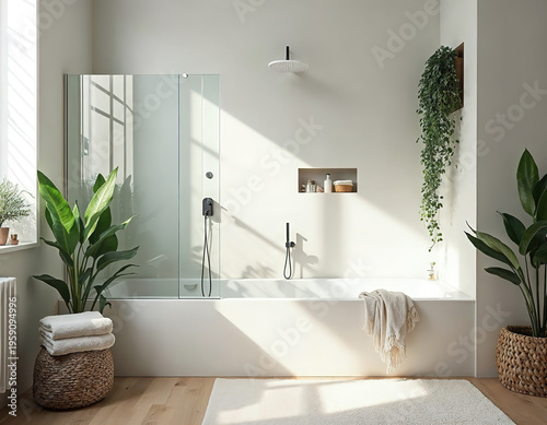 Fresh and simple bathroom with greenery and neatly arranged towels