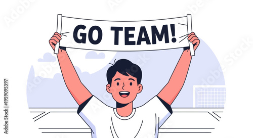 Enthusiastic Sports Fan Celebrates Victory by Cheering and Holding a Banner