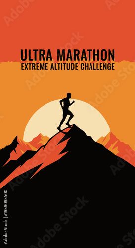 Epic Mountain Ultra Marathon Runner Ascending Peak At Sunset Sky