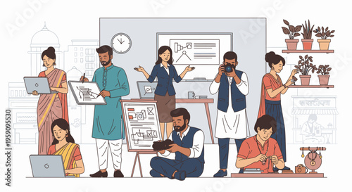 Diverse group of people working collaboratively in an office setting with laptops and whiteboard, conveying a productive and creative atmosphere with a mix of casual and professional attire.