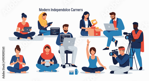 Illustration of diverse freelancers working on laptops in various poses on a white background with a modern and professional mood.