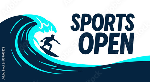 Epic Surfer Riding A Massive Wave With Bold Sports Open Text