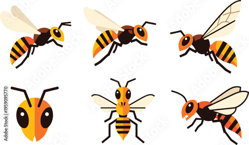 Flat Vector Wasp and Hornet Collection Featuring Flying Insects in Different Angles and Poses Isolated on White Background for Nature and Pest Control Design