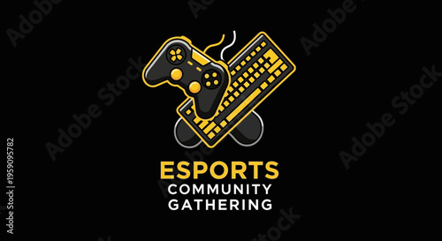 Esports Community Gathering Logo Featuring Controller and Keyboard On Black Background