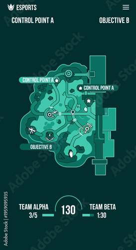 Esports Game Map Interface Displaying Control Points and Objectives with Team Scores