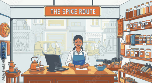 Illustration of a woman working behind the counter at a spice store with various spices and tea displayed around her.