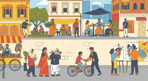 Illustration of a vibrant street scene with people walking and cycling, and various buildings in the background with a mix of colors and architectural styles.