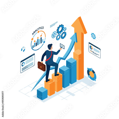 Wallpaper Mural Businessman climbing growth chart with analytics and gears. Torontodigital.ca