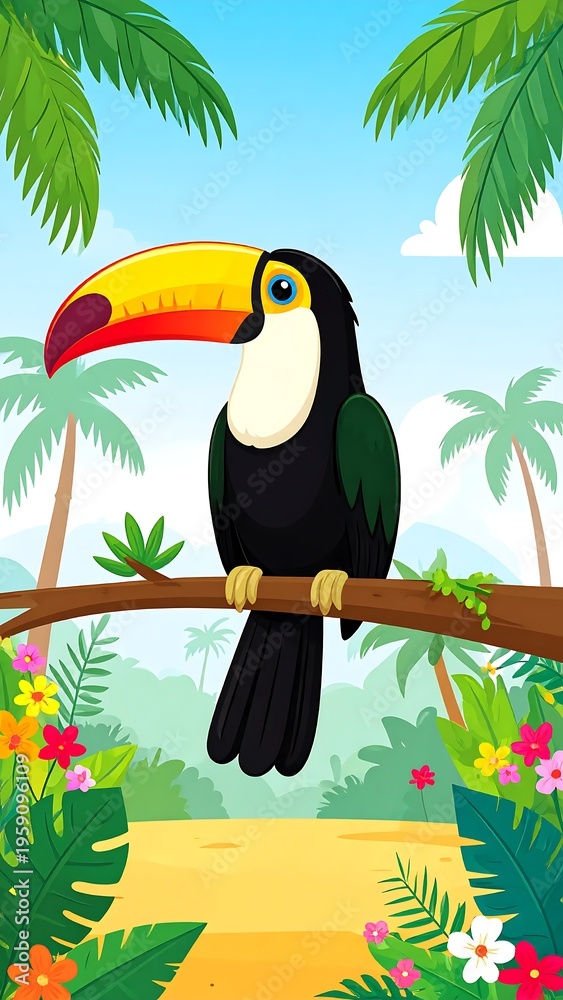 Obraz premium Cartoon Toucan in Tropical Paradise - A Vibrant Illustration.
