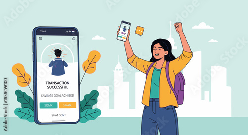 Illustration of a young woman celebrating with her arms raised, holding a phone and a credit card, with a successful transaction on the screen, against a city skyline background with a