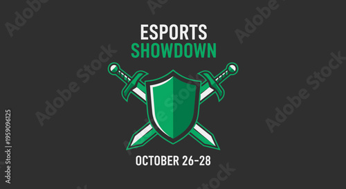 Esports Showdown Emblem: Battle Shield and Swords Design for Gaming Event Announcement