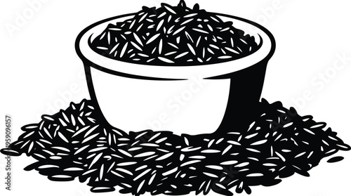Black rice grains in bowl hand drawn vector illustration on white bg
