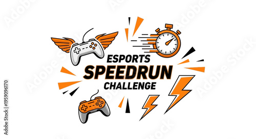 Esports Speedrun Challenge Logo: Gaming Tournament Graphic with Controller and Stopwatch