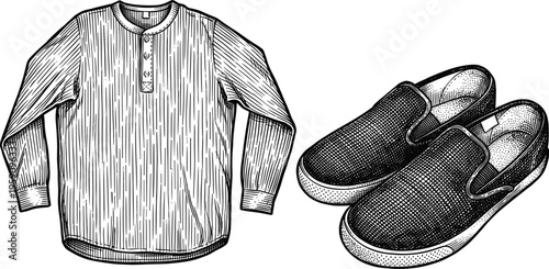 Long sleeve shirt and slip on shoes vintage engraving style isolated